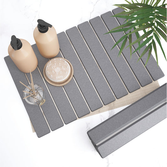Stone Bath Mat for Bathroom – Roll-Up & Foldable | 23.62" x 15.75" | Quick Drying & Super Absorbent | Long Diatomite Stone Drying Mat for Kitchen| Non-Slip | Durable | Gray