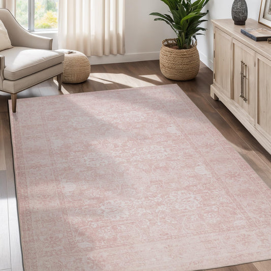 Dotiiorug 5x7 Vintage Washable Area Rug for Living Room,Non Slip Boho Carpet Non-Shedding Kids Rug Soft Indoor Stain Resistant Nursery Rug Floral Print Mat for Bedroom Dining Room Pink
