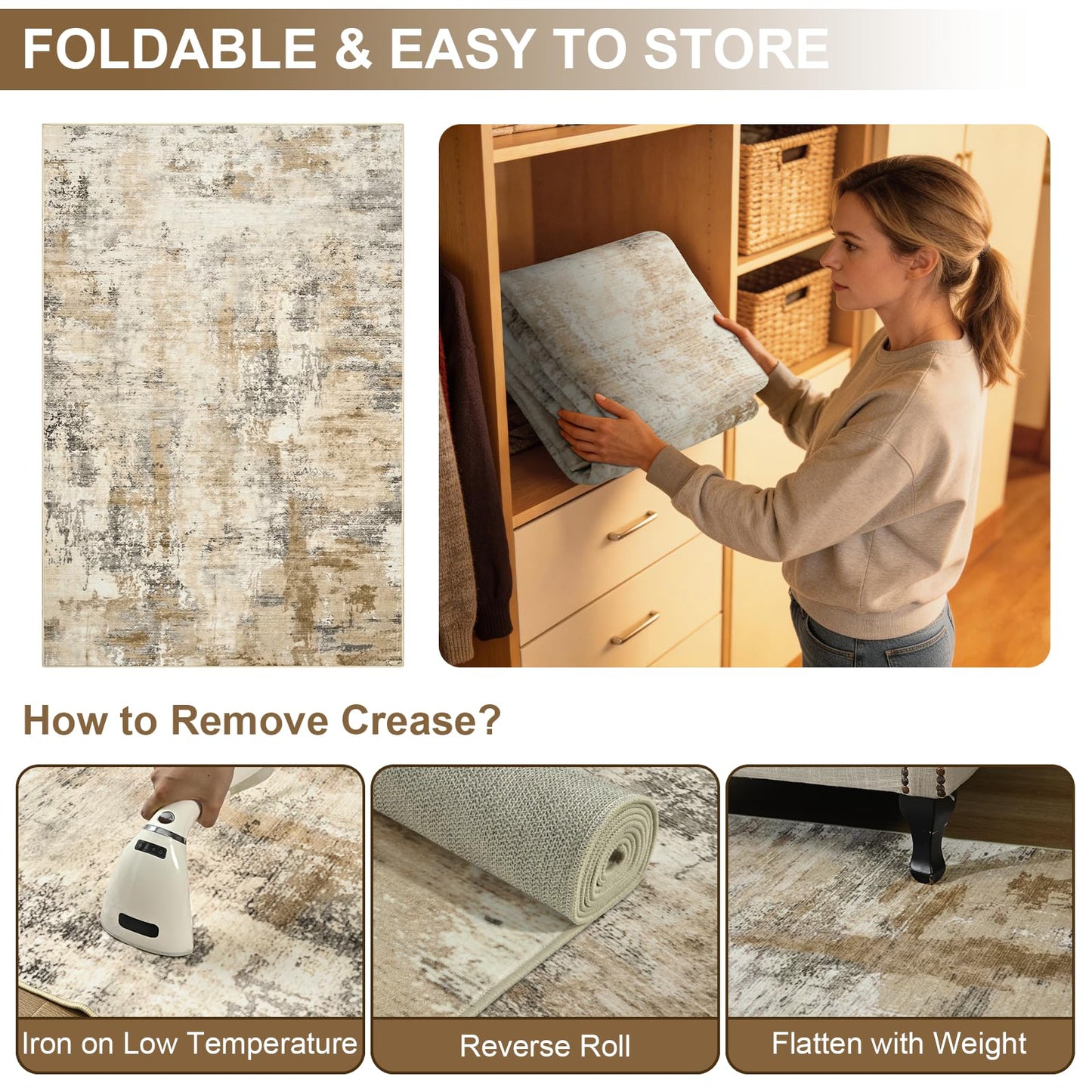 ULTSOFE 5x7 Beige Washable Area Rug for Living Room Bedroom Large Carpet