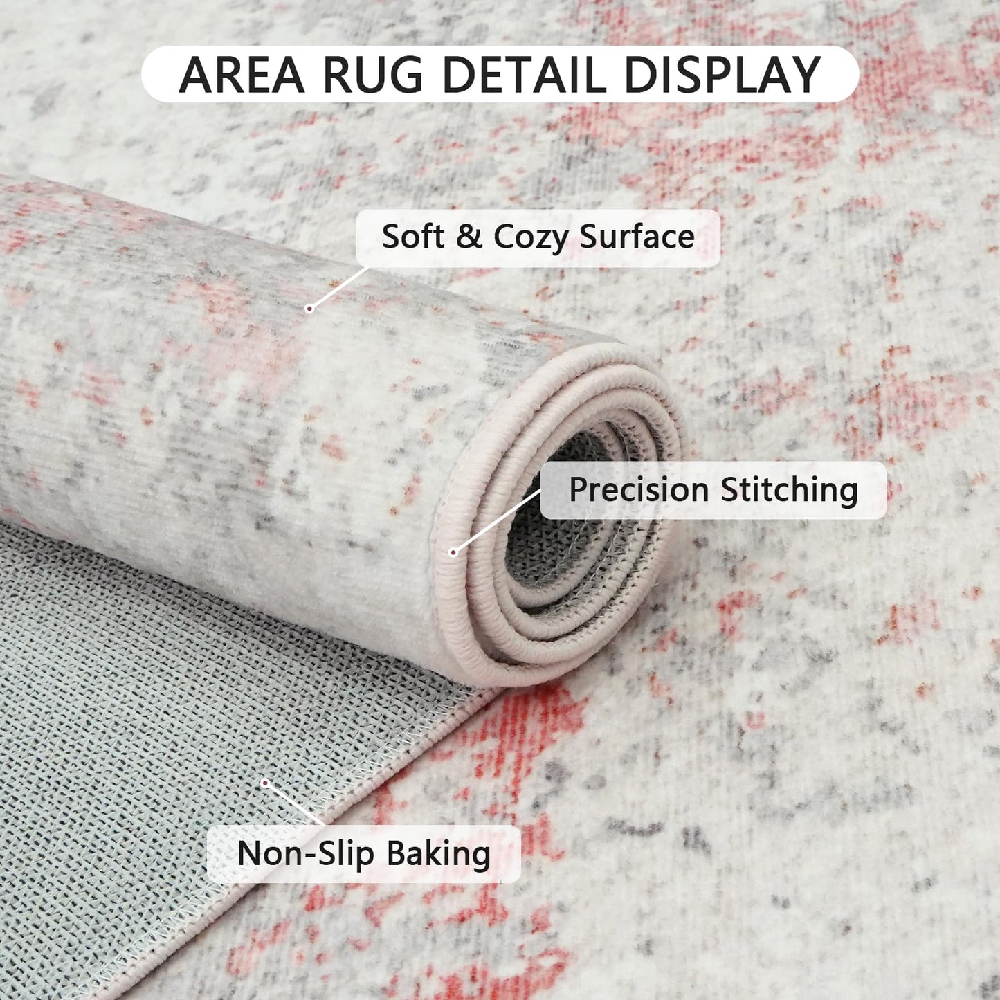 5x7 Washable Modern Abstract Area Rug, Soft Faux Cashmere Low Pile Non-Slip Non-Shedding Carpet for Living Room Bedroom Nursery Girls Room, Grey Pink