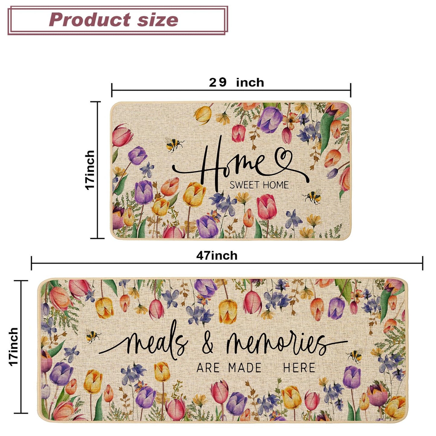 Baccessor Home Sweet Home Kitchen Mats Set of 2, Summer Floral Tulip Kitchen Rugs for Floor Spring Non Slip Low-Profile Seasonal Home Decor 17x29 and 17x47 Inch