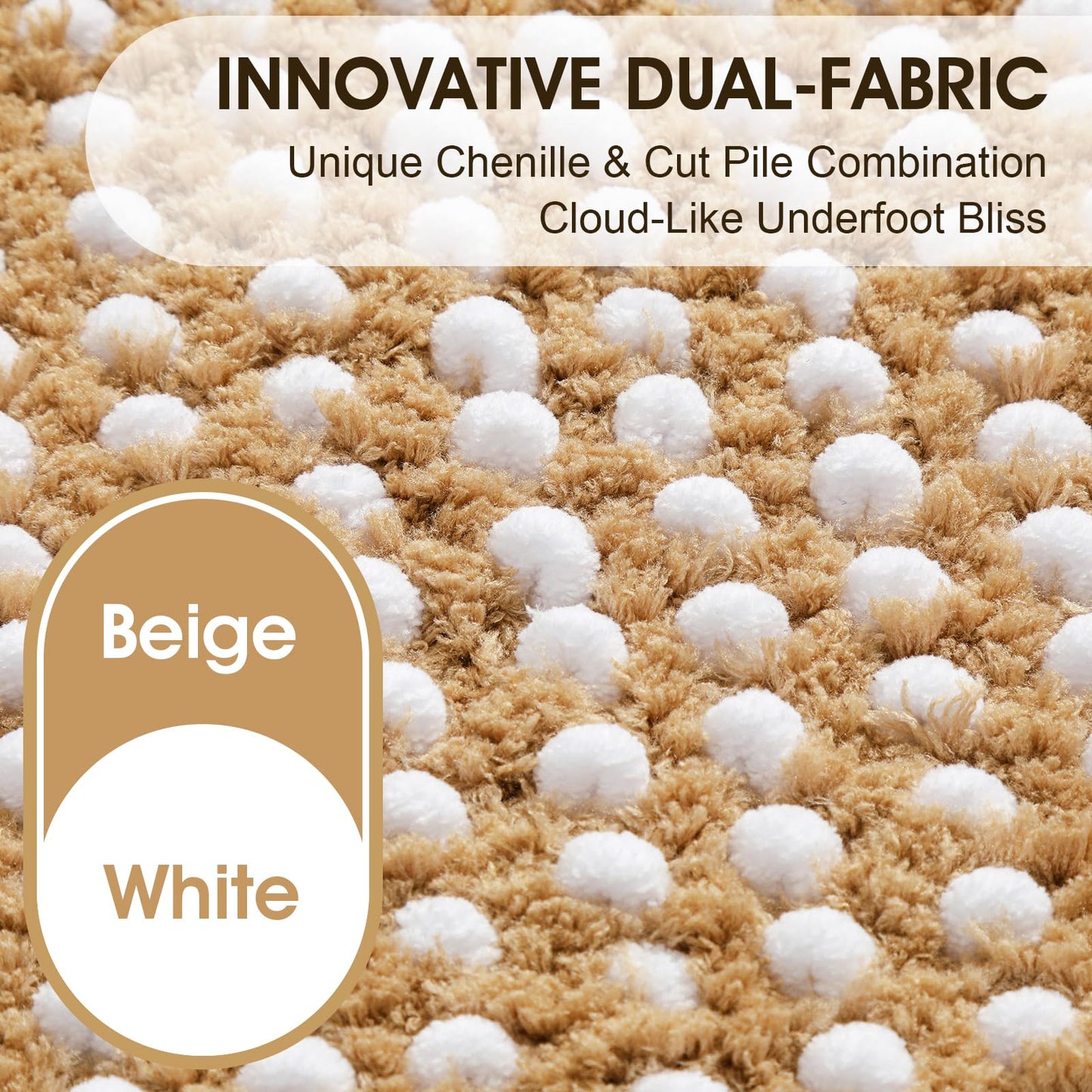 ACCUMTEK Chenille Spliced with Fluffy Cut Pile Absorbent Bath Mat, Thick Plush Bath Rug - Ultra Soft Skin-Friendly, Machine Washable Non-Slip Toilet Mat Set 3 Piece, Beige & White
