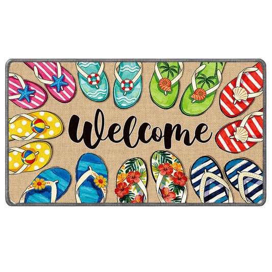 InIsaJace Summer Door Mat Decor, Flip Flop Decorative Doormat Indoor Outside Non Slip, Summer Welcome Rug Doormat for Home Front Entrance Floor 16x28 Inch