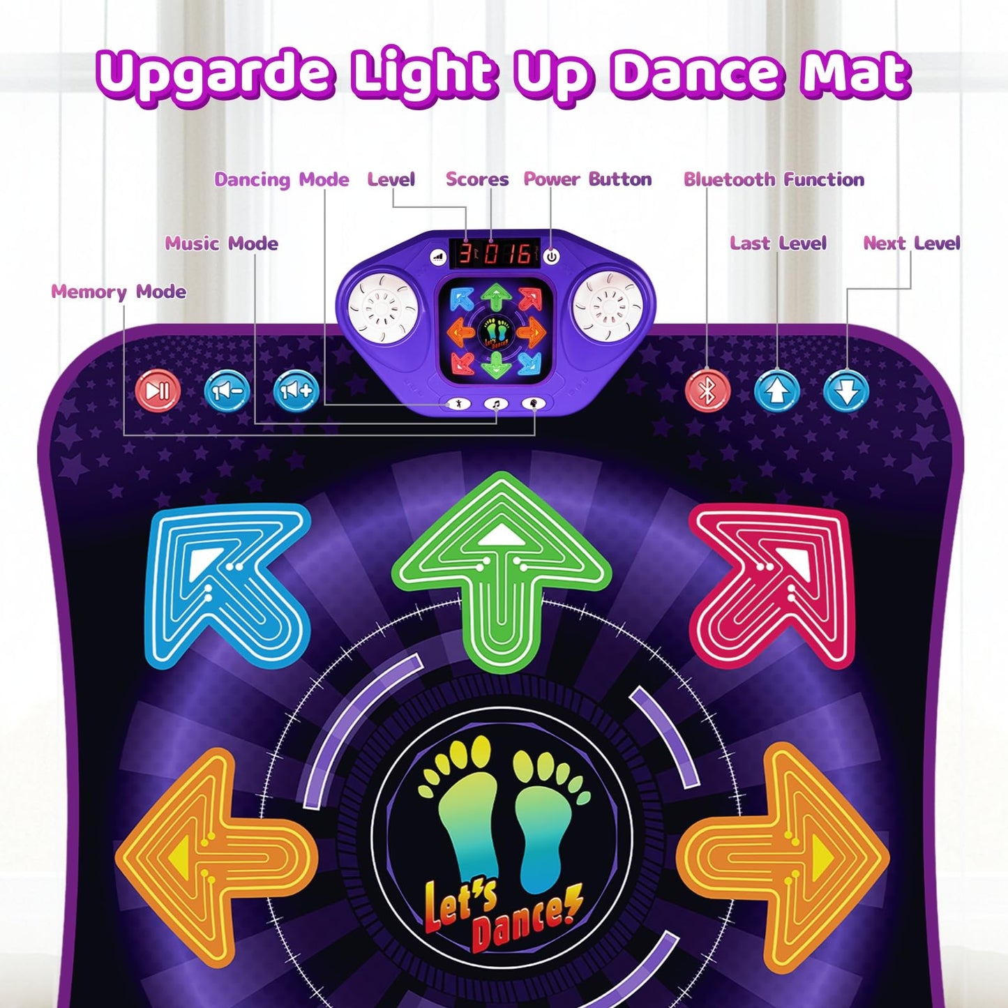 Dance Mat Toys for 3-12 Year Old Girls Boys, Dance Pad with Light Up 8-Buttons & Bluetooth, Music Dance Game with 7 Game Modes, Christmas Birthday Gifts for 3 4 5 6 7 8 9 10+ Year Old Girls Boys