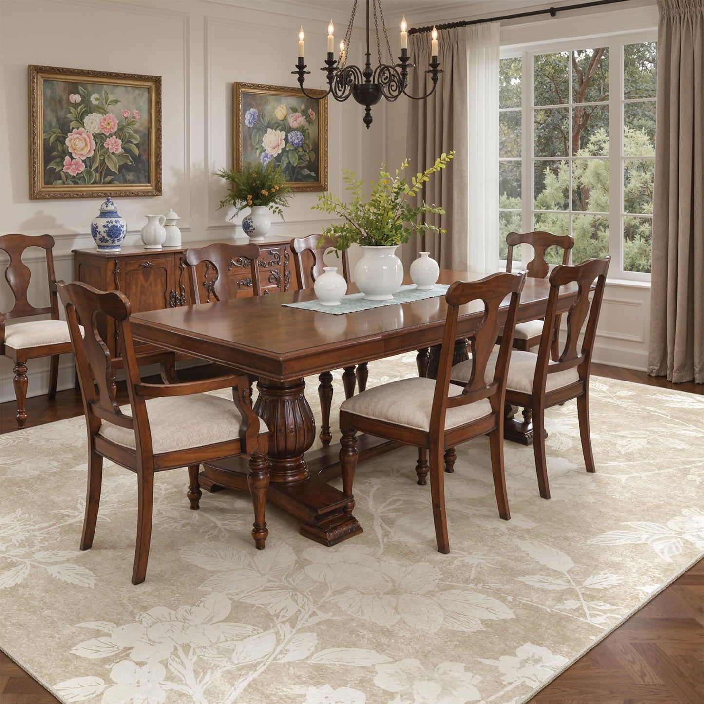 Soalmost Floral Washable Rugs 6x9 for Living Room, Oriental Flower Neutral Area Rug with Soft Low-Pile Non-Slip Thin Throw Carpet for Bedroom Farmhouse Dining Room Nursery Home Office (6'x9',Beige)
