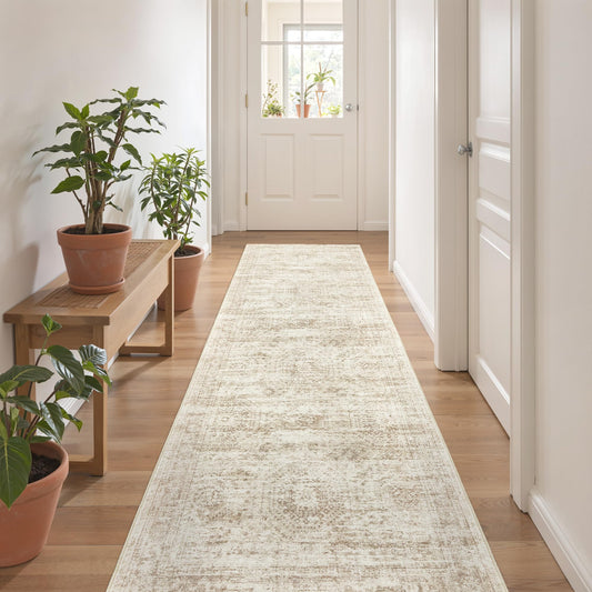 Restydon Rug Runners for Hallways Non Slip - 2x8 Runner Rug for Bedroom, Washable Runner with Rubber Backing, Soft Low-Pile Carpet for Kitchen, Laundry, Bathroom (2'x8', Beige/Ivory)