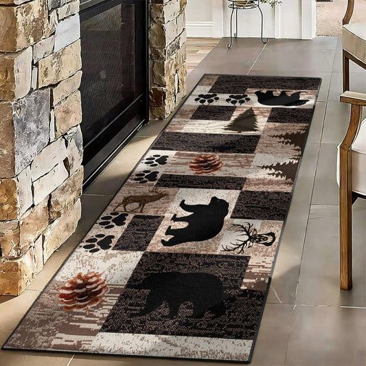 Puyosvr Rustic Lodge Runner Rug,2x7ft,Western Country Bear Elk Deer Wildlife Log Design,Forest Landscape Hunting Theme Rug,with Non Slip Backing Washable Rugs, Non Slip Pet Friendly Rug for Hallway