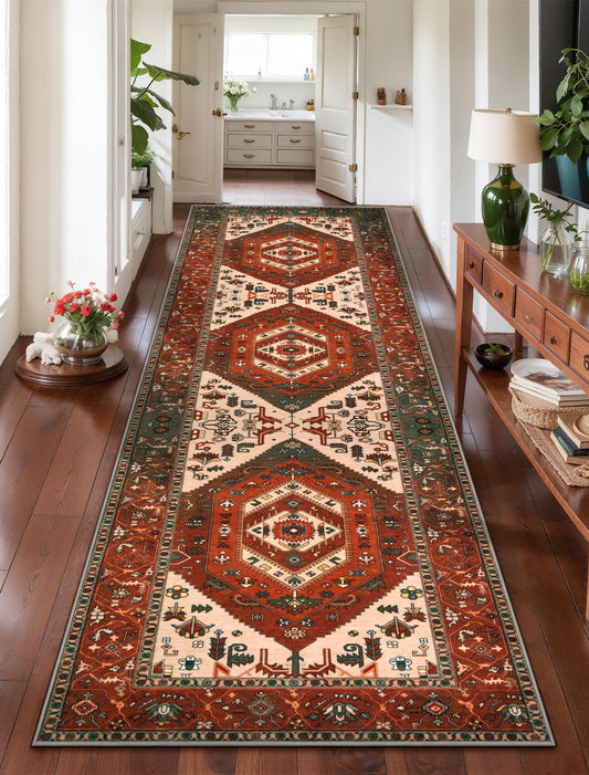 SERISSA Runner Rug for Hallways, 2'6"x8' Washable Non Slip Kitchen Runner Rug, Long Boho Rug Vintage Terracotta Green Hallway Stair Ultra Soft Print Floor Carpet for Bedroom Bathroom Laundry Room