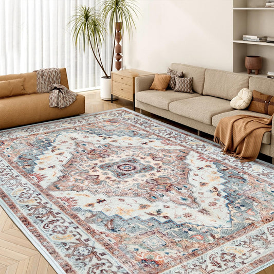Washable Area Rug 5x7, Large Soft Rugs for Living Room, Non-Slip Stain Resistant Boho Chic Vintage Carpet for Bedroom Dining Room Cherry