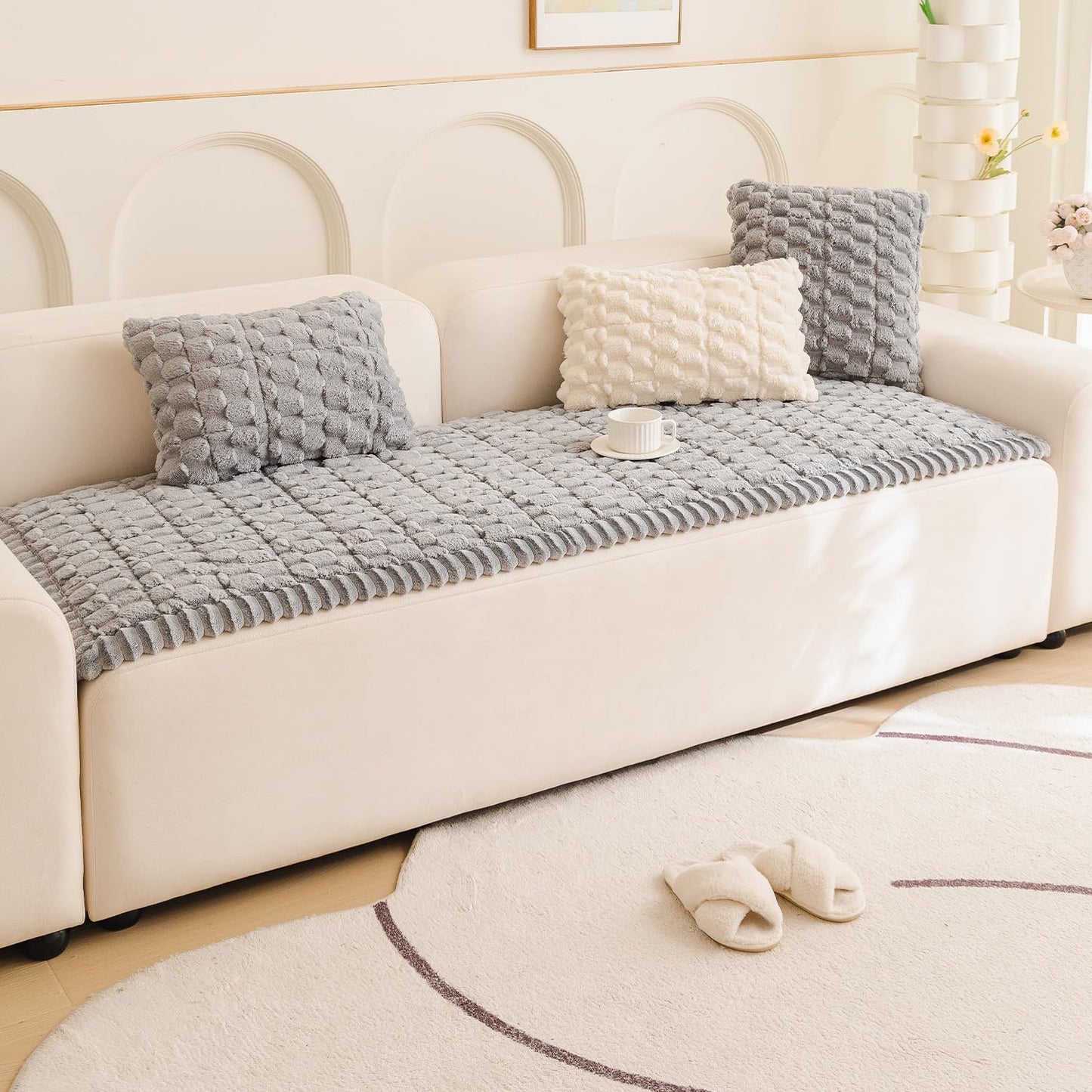 Tiwwie Couch Cover for Dogs Fuzzy Sofa Covers for Pet, Geometric Jacquard Coral Pet-Friendly Washable Non-Slip Sofas Slipcover Cushion Protector Pets Mat Dog Bed Mats Dim Gray 27.6”x 59.06”