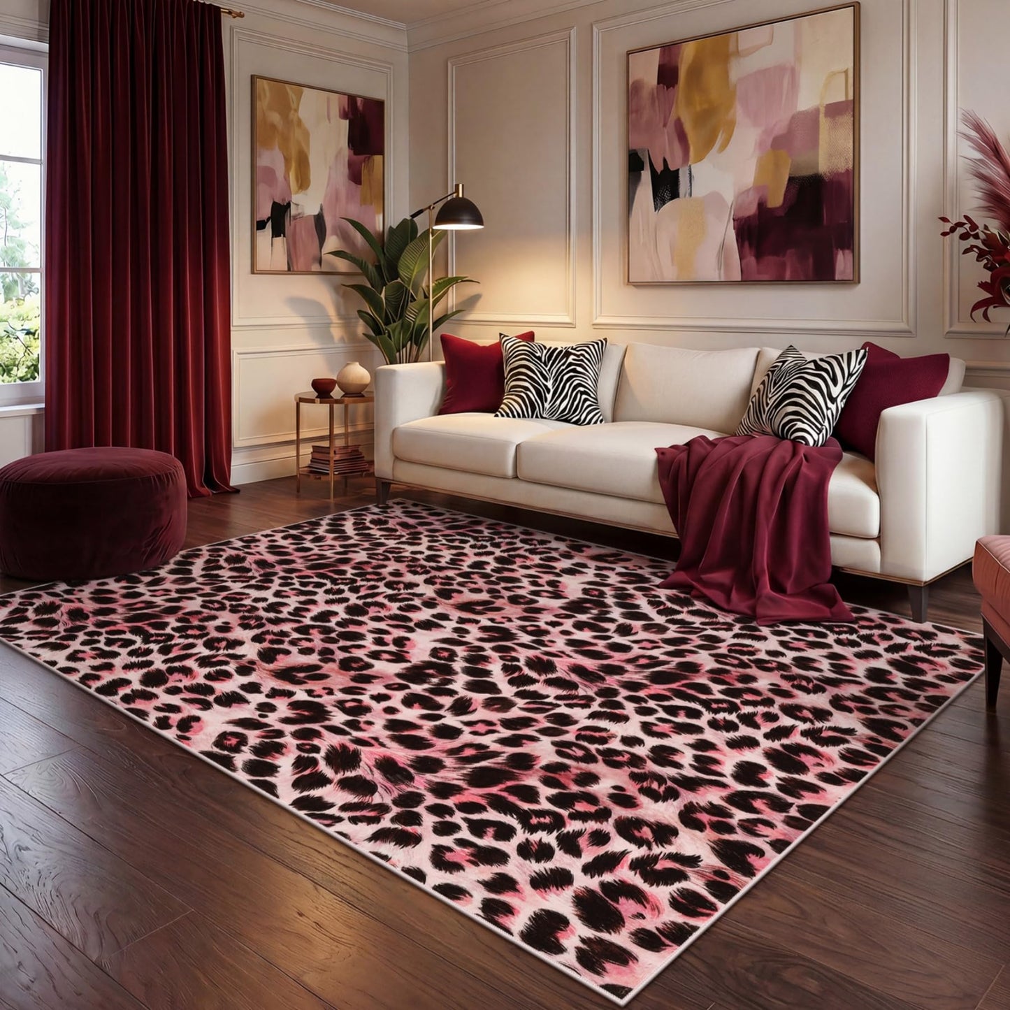 5x7 Leopard Area Rugs for Living Room, Machine Washable Cheetah Rug for Bedroom, Animal Rug Foldable Ultra-Thin Indoor Non-Slip Carpet for Dining Room Foyer Apartment Den, Pink, Oeko-TEX Certified