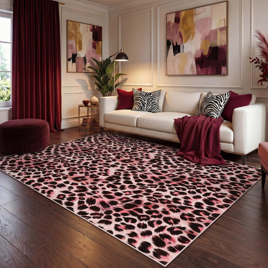5x7 Leopard Area Rugs for Living Room, Machine Washable Cheetah Rug for Bedroom, Animal Rug Foldable Ultra-Thin Indoor Non-Slip Carpet for Dining Room Foyer Apartment Den, Pink, Oeko-TEX Certified