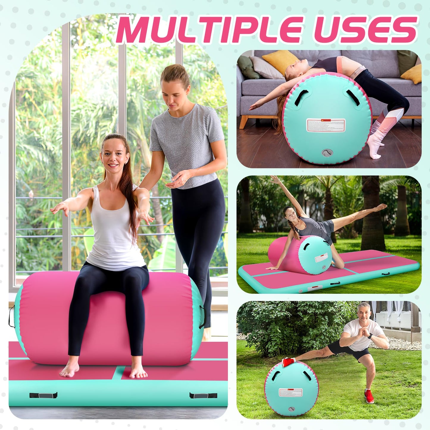 KIKILIVE Inflatable Gymnastics Tumble Mat 10ft and Air Roller 40x23inch Pink Green, Air Mat Track 4 inches Thickness and Air Roller Gymnastics Barrel with Electric Air Pump for Home Use Outdoor Training Cheerleading Beach Park