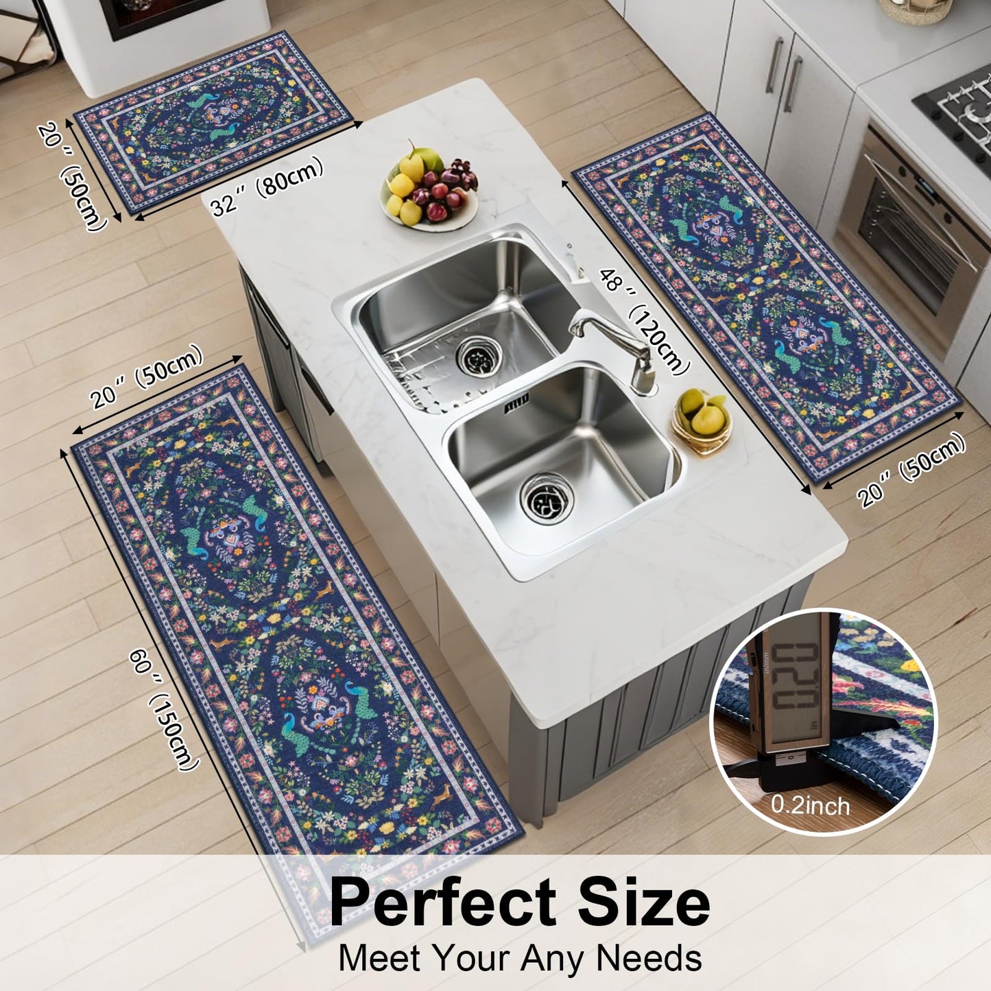 HEBE Washable Kitchen Rugs Sets of 3, Non Slip Absorbent Kitchen Rugs and Mats, Farmhouse Stain Resistant Kitchen Mat Carpet Runner for Kitchen Floor, Laundry Room, Hallway