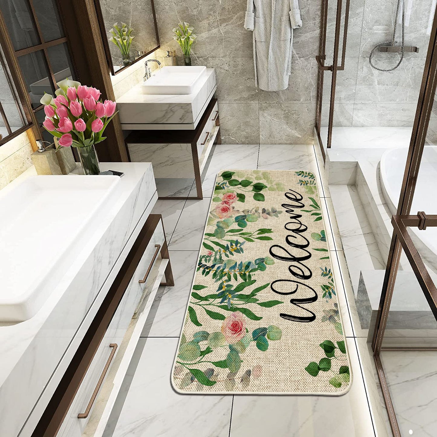 ORTIGIA Welcome Outdoor Doormat Indoor Patio Spring Eucalyptus Leaves Door Mats Non-Slip Durable Entrance Mat for Home Entrance, Outside Entry, Yard, Floor, Patio 17x36INCH