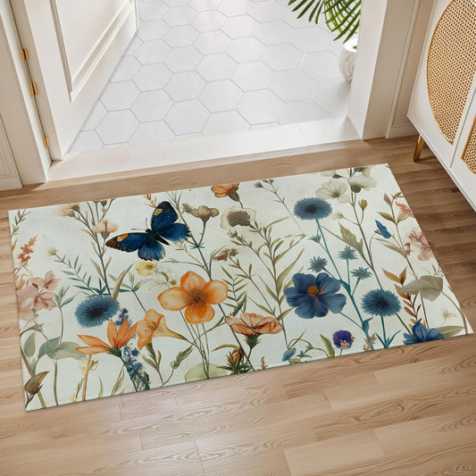 Plistiz Botanical Garden Indoor Door Mat, 17x29.5 Inch, Floor Area Rug for Entryway, Living Room, or Bathroom, Non-Slip Doormat, Floral and Butterfly Design Home Decor Rug Gifts