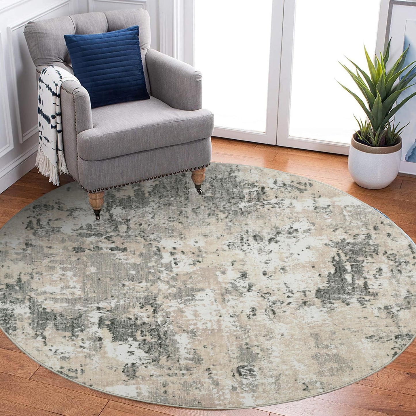 ROYHOME Modern Abstract 8x8 Round Area Rug Non Slip Non Shedding Rug Low Pile Stain Resistant for Bedroom Living Room Office Dining Room,Grey Yellow