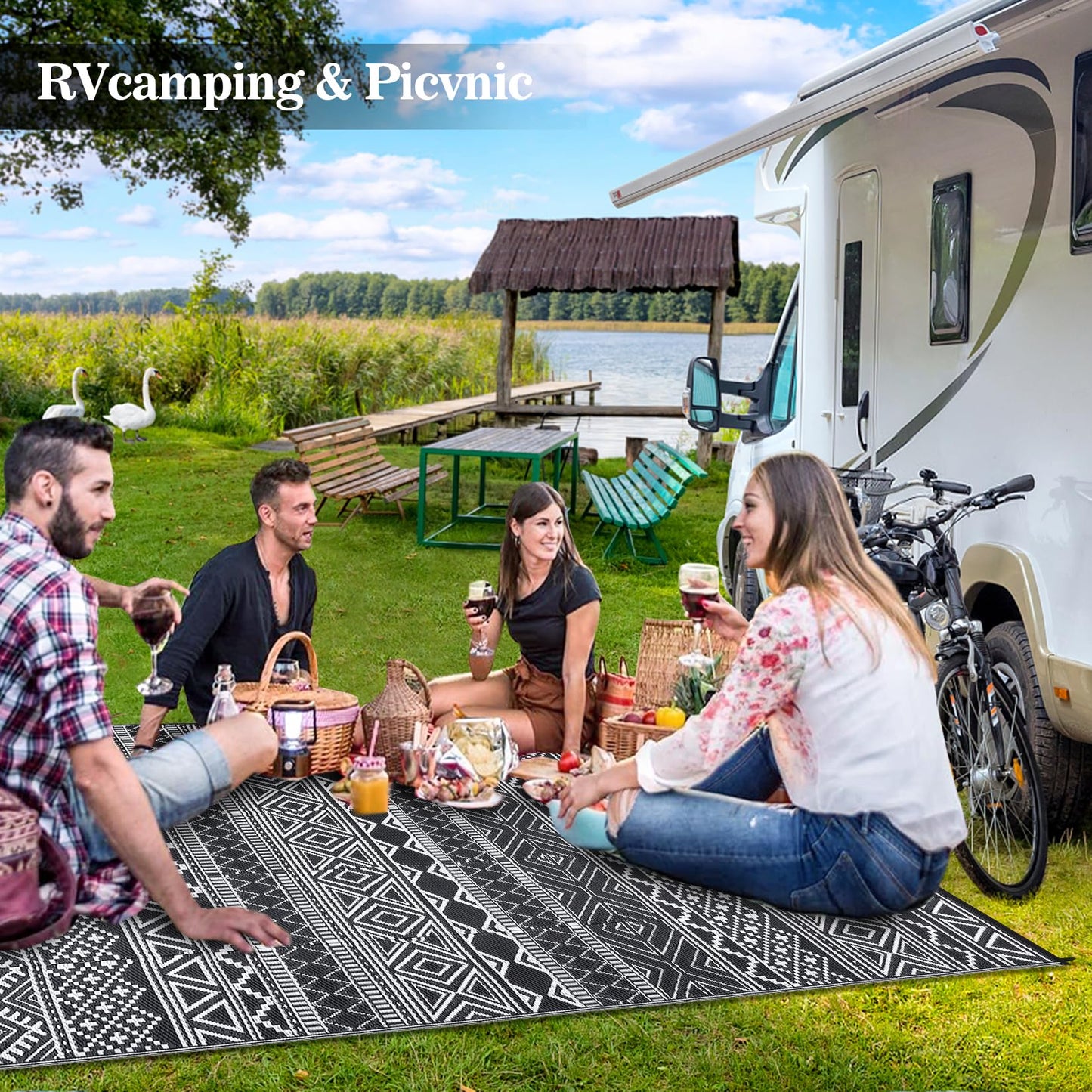 GAOMON Outdoor Plastic Straw Rug, 10'x14' Reversible Sage Green Patio Mat, Flower Modern Design for RV, Backyard, Deck, Camping, Picnic, Black/White(Bohemia)