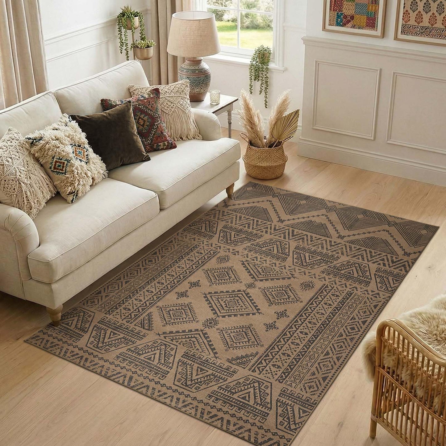 jinchan 5x7 Washable Faux Jute Area Rug, Boho Southwestern Geometric Natural Fiber Look Outdoor Rug, Low-Pile Non-Slip Floor Mat for Living Room Dining Room Bedroom Patio, Natural Charcoal