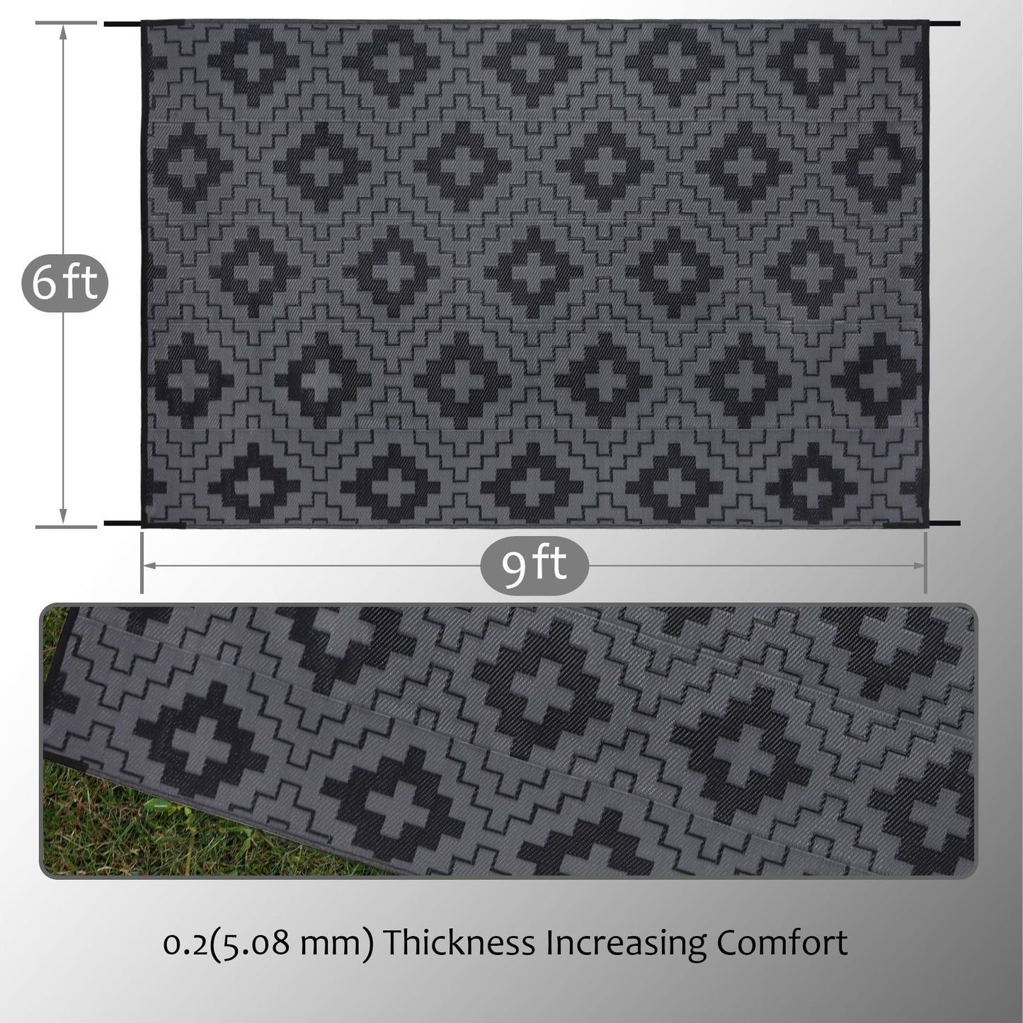 SAND MINE Waterproof Outdoor Rug 6x9 ft, Reversible Plastic Straw Area Rug, Large Floor Mat for Patio, Backyard, Deck, RV, Camping, Picnic, Beach, Balcony & Porch - Black & Grey