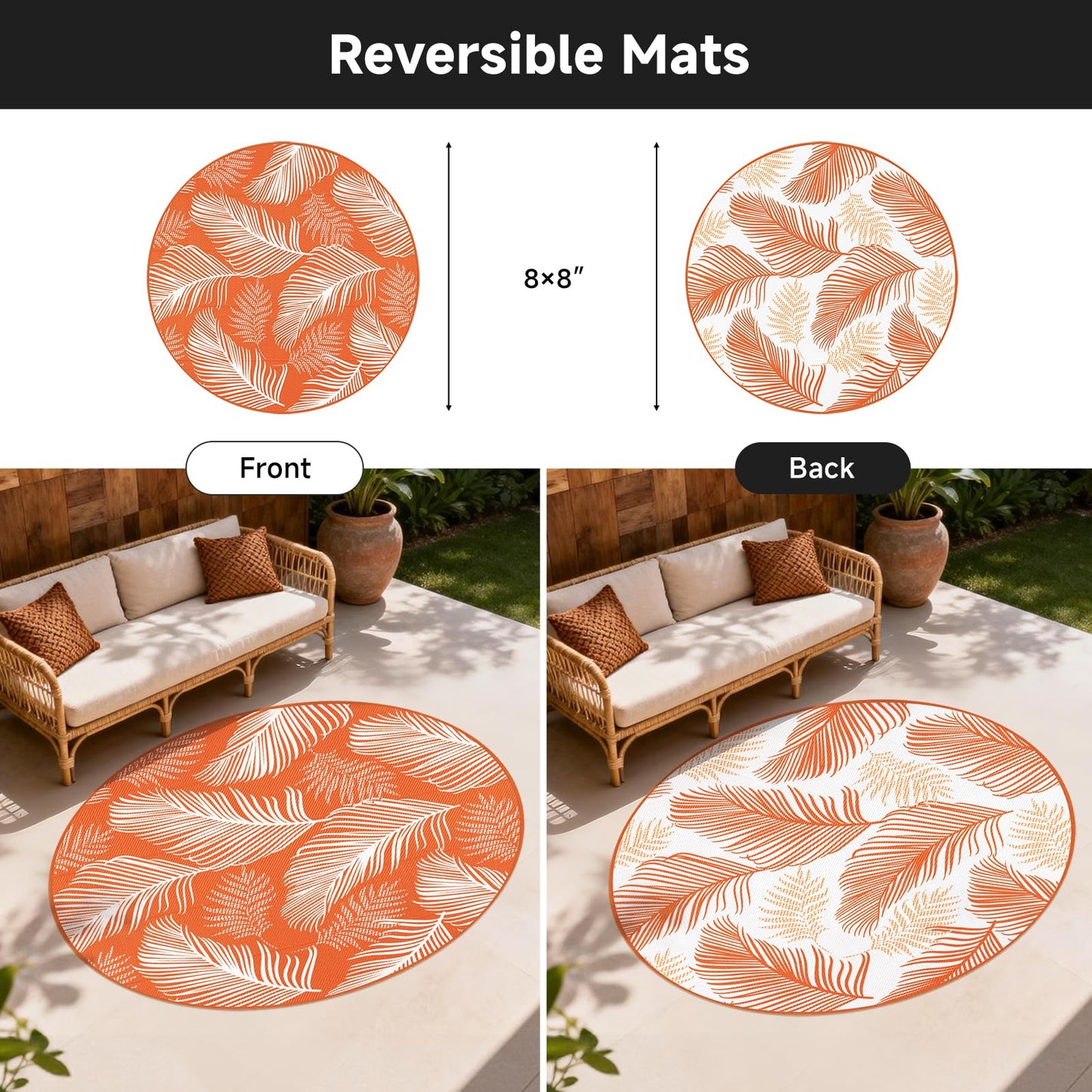 Pauwer Waterproof Outdoor Rug 8ft, Reversible Plastic Straw Patio Camping Rug, Indoor Outdoor RV Mat Carpet for Deck, Camper, Porch, Balcony, Backyard, Picnic, Leaf Orange