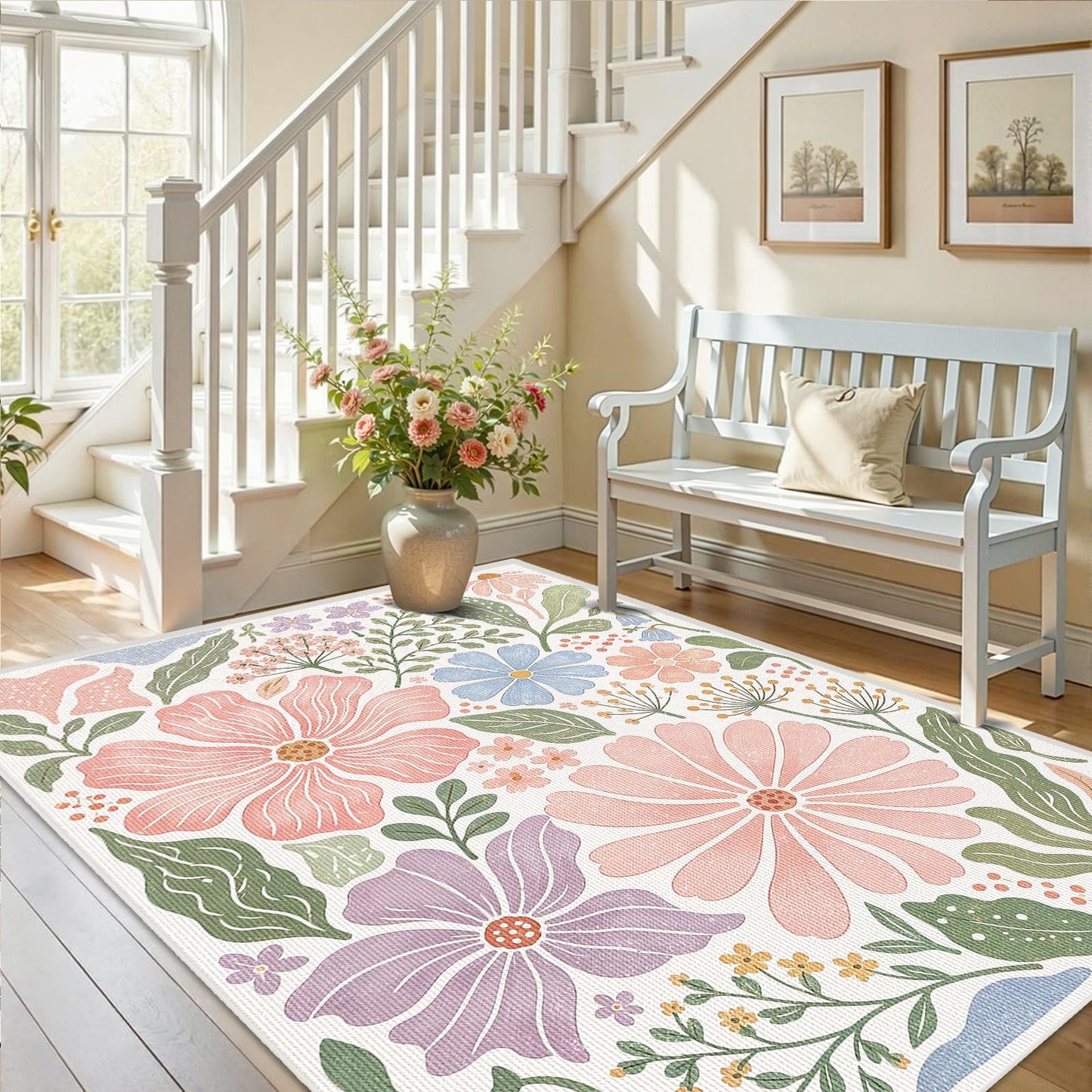 Pink Floral Area Rug for Living Room, 5x7 Soft Low Pile Washable Stain Resistant Non Slip Carpet, Boho Modern Abstract Botanical Pattern for Bedroom Sunroom