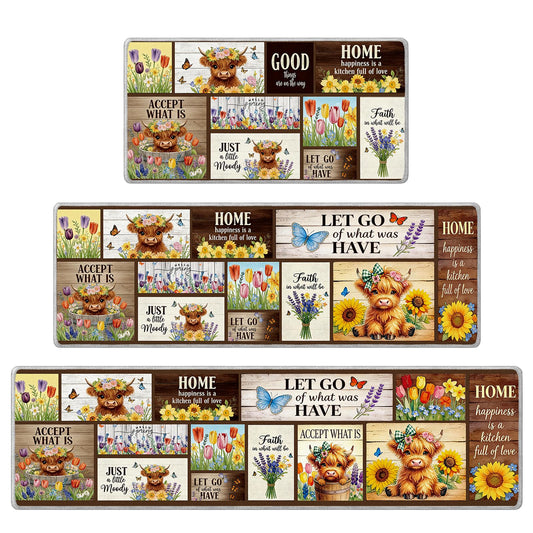InIsaJace Highland Cow Kitchen Decor - 3 Pcs Highland Cow Kitchen Rugs and Mats, Farmhouse Cattle Non Slip Rug Spring Seasonal Floor Mats for Home Door Bathroom (16x31 + 16x47 + 16x59 Inch)