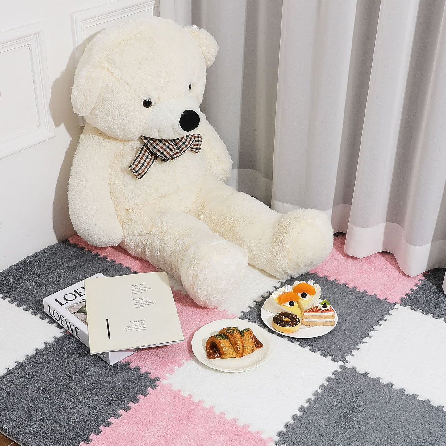 Amylove 72 Pieces Plush Foam Floor Mat Square Interlocking Carpet Tiles with Border 12 x 12 x 0.4 in Fluffy Play Mat Floor Tiles Soft Climbing Area Rugs for Home Playroom(White, Gray, Pink)