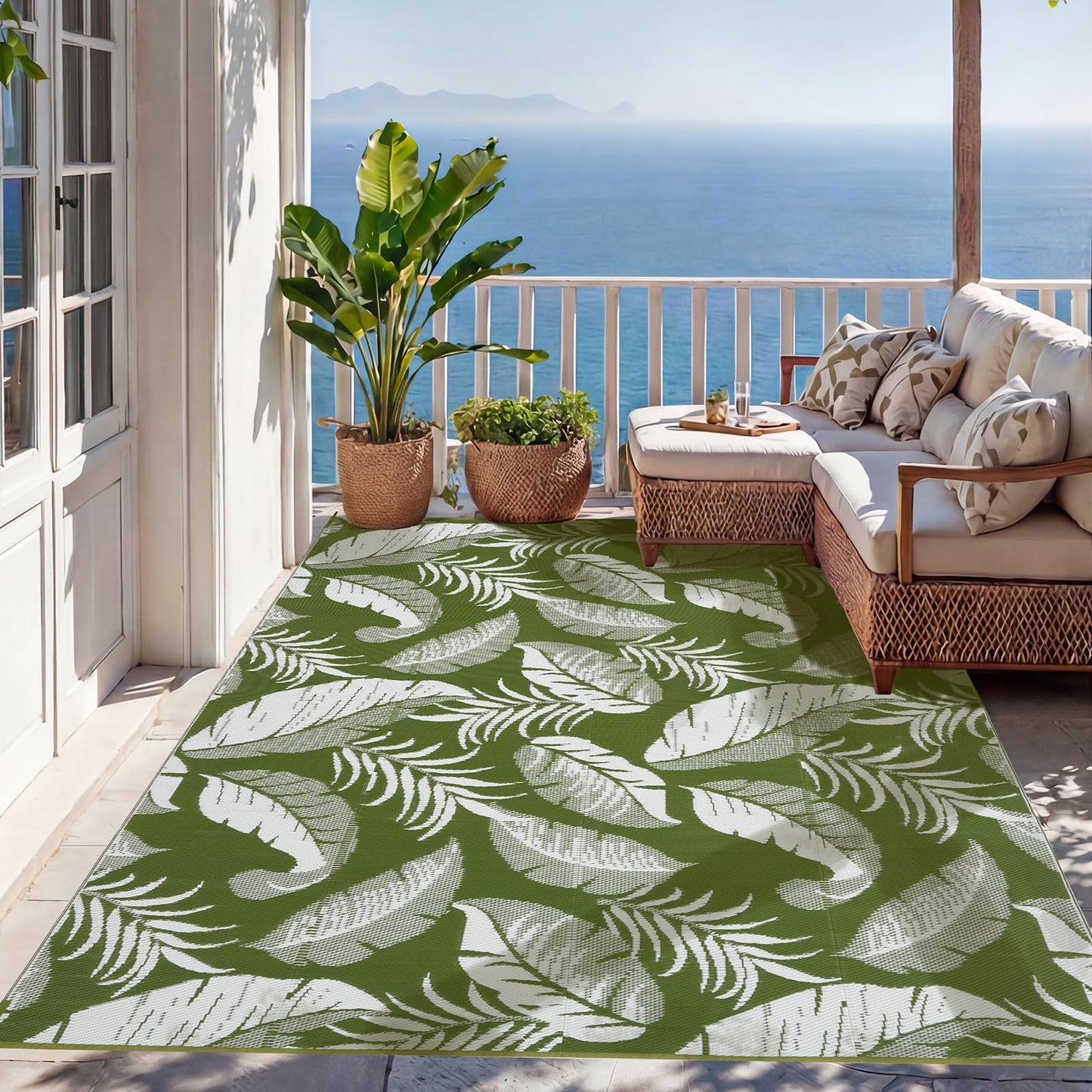 OPPODREAM Reversible Outdoor Rug 5x7, Waterproof Outdoor Plastic Straw Rug for Patio, Tropical Leaf RV Camping Rugs for Outside, Deck, Balcony, Porch, Backyard, Camping, Rv, Green and White