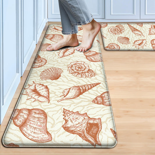 Kitchen Mats for Floor Cushioned Anti Fatigue Sets of 2 Beach Theme Kitchen Rugs Non Slip Waterproof Coastal Foam Kitchen Floor Rug Nautical Coral Seashell Comfort Standing Mat For Sink Laundry, Coral