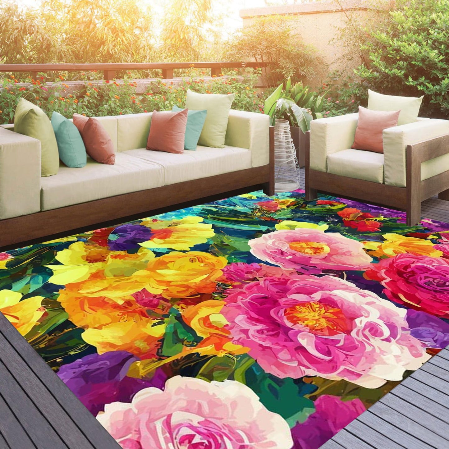 Vibrant Floral Yellow Green Outdoor Rug Modern Contempporary Art Deco Washable Area Rug for Patio Porch Deck Balcony Waterproof Durable Backyard Carpet Cute Garden Large Rugs 2x3