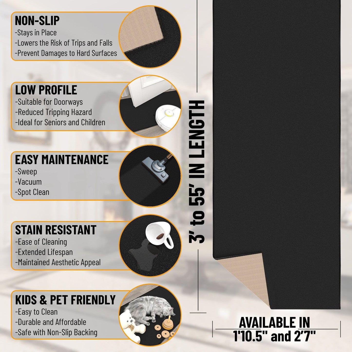Ottomanson Aisle Runner Rug – Non-Slip Low Pile Carpet Runner for Long Hallways & Corridors, Stain Resistant & Easy to Clean, Solid Black, 1'10.5" x 20'
