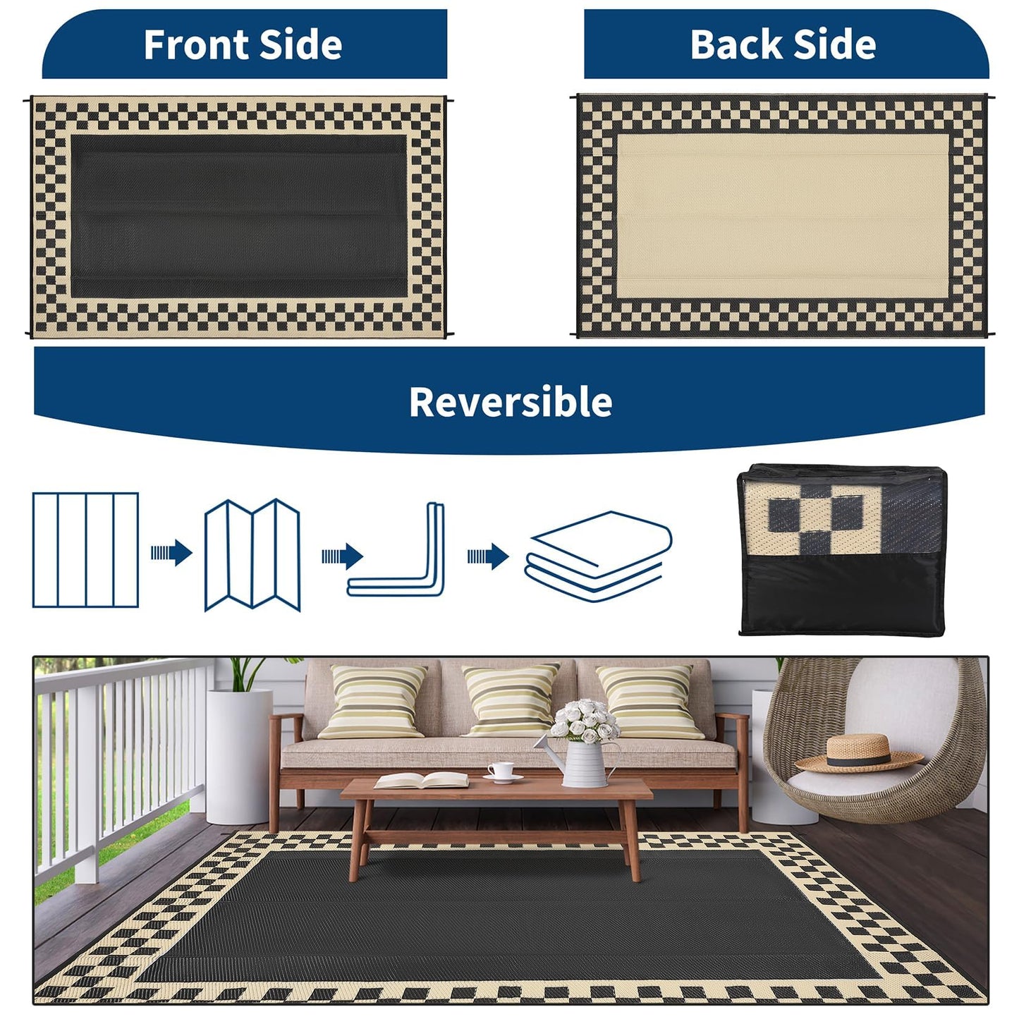 Garvee Outdoor Rug 9x12 Waterproof Reversible Patio Rug Modern Geometric Outdoor Carpet, Fade-Proof & Weather Resistant Minimalist RV Picnic Camping Mat for Garden Backyard Balcony, Black & Beige
