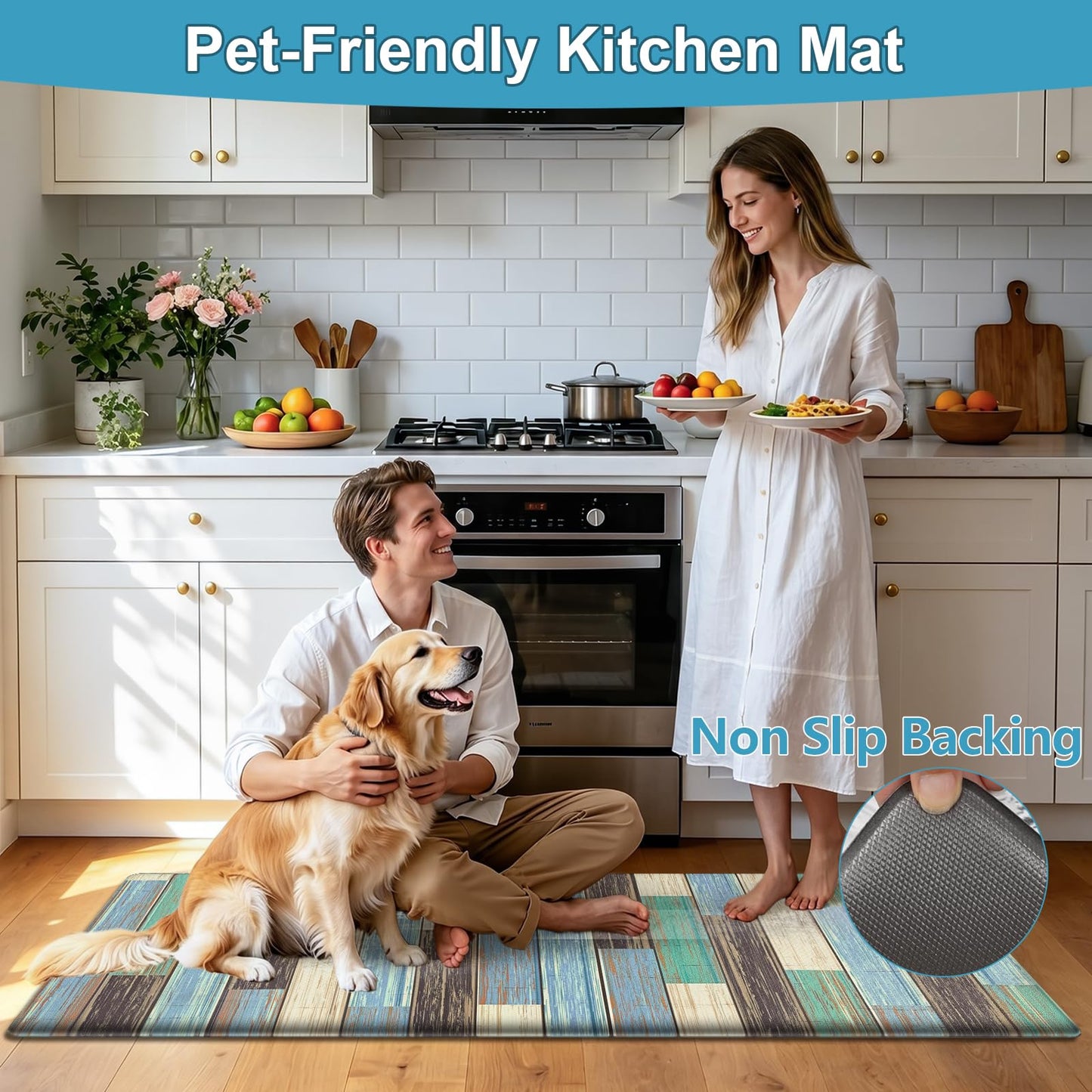 LOKHOM Anti Fatigue Kitchen Mats for Floor, 24x59 Non Slip Modern Cushioned Standing Comfort Kitchen Runner Rug, Waterproof Geometric Patchwork Memory Foam Padded for Sink Laundry Office, Teal