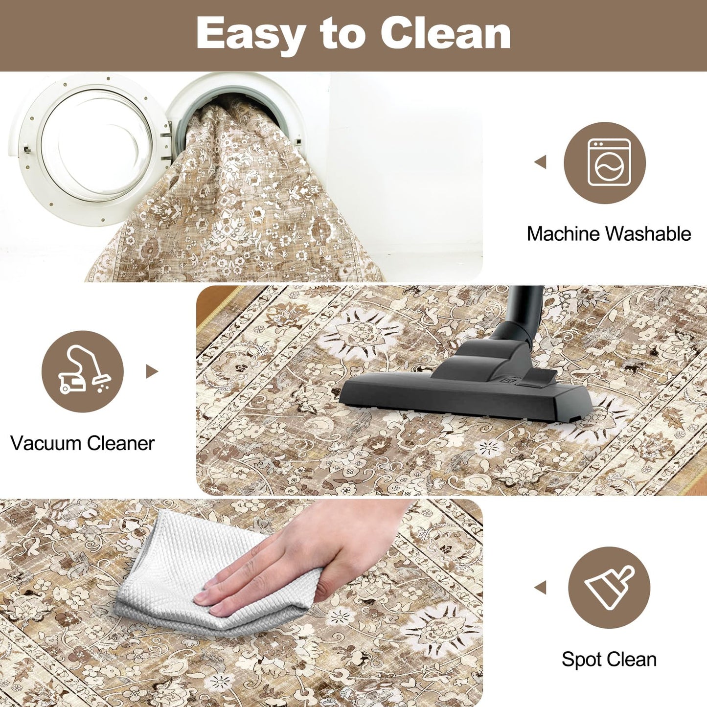 LOKHOM Washable Runner Rug, 2x10 Non-Slip Boho Hallway Rug with Rubber Backing, Vintage Soft Stain Resistant Distressed Kitchen Runner Rug for Kitchen Laundry Entryway Bedroom (Beige Brown)