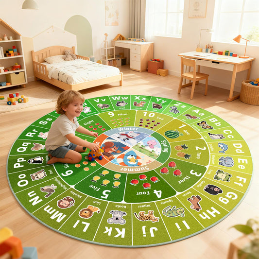Kids Educational Area Rug for Playroom, 47x47'' Round ABC Alphabet Animals Fruits & Seasons Learning Rug,Non-Slip Soft Toddler Play Mat for Nursery Bedroom Classroom Kids Room Decor Washable Carpet