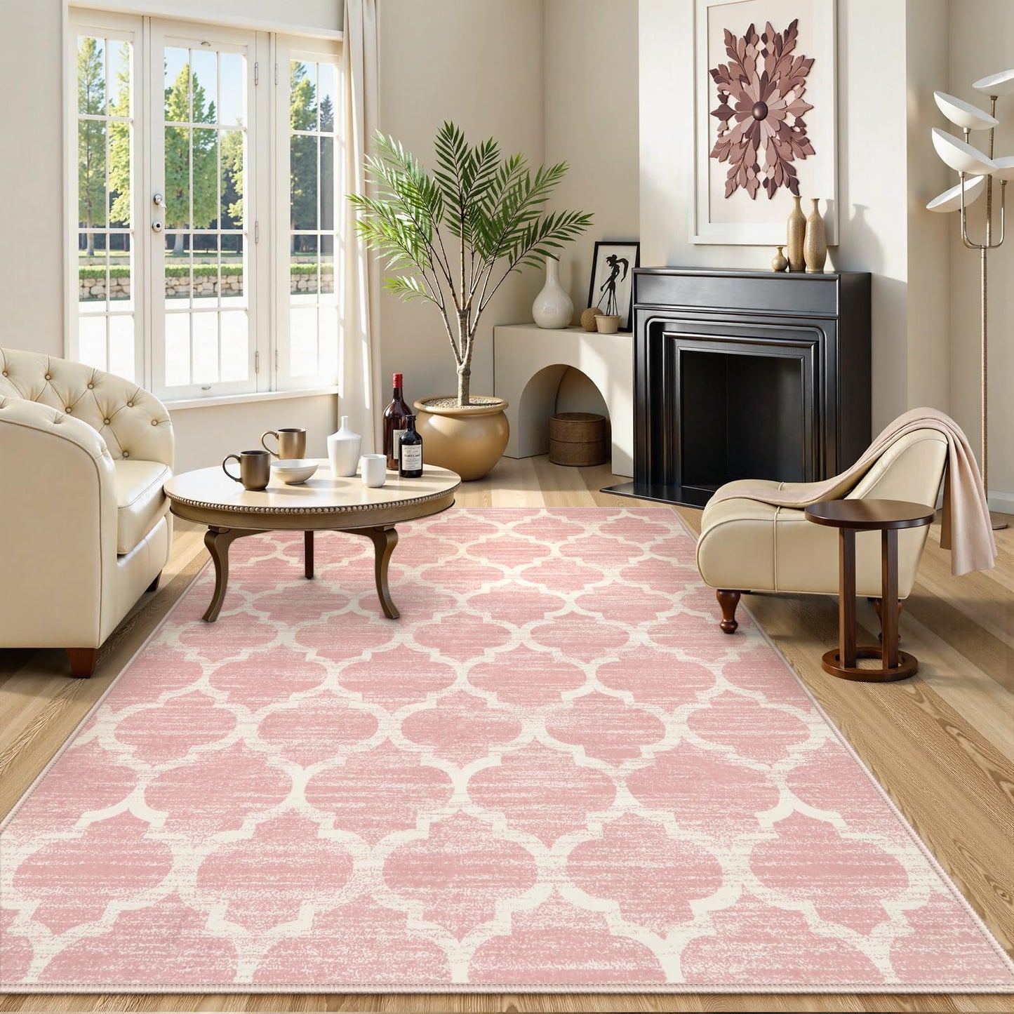 Lahome Nursery Rug 5x7 Area Rugs for Living Room,Washable Pink Rugs for Bedroom Girls,Soft Low-Pile Indoor Floor Boho Carpet for Kids Playroom Dorm Meline