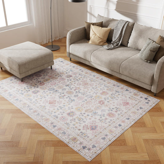 5' x 7' Durable Vinyl Rugs for Living Room, Vintage Floral Pattern for Dining Room, Bedroom, Home Office, Bobo Beige Non-Slip Large Rugs for Indoor&Outdoor RV, Deck, Backyard, Balcony,Home Decor
