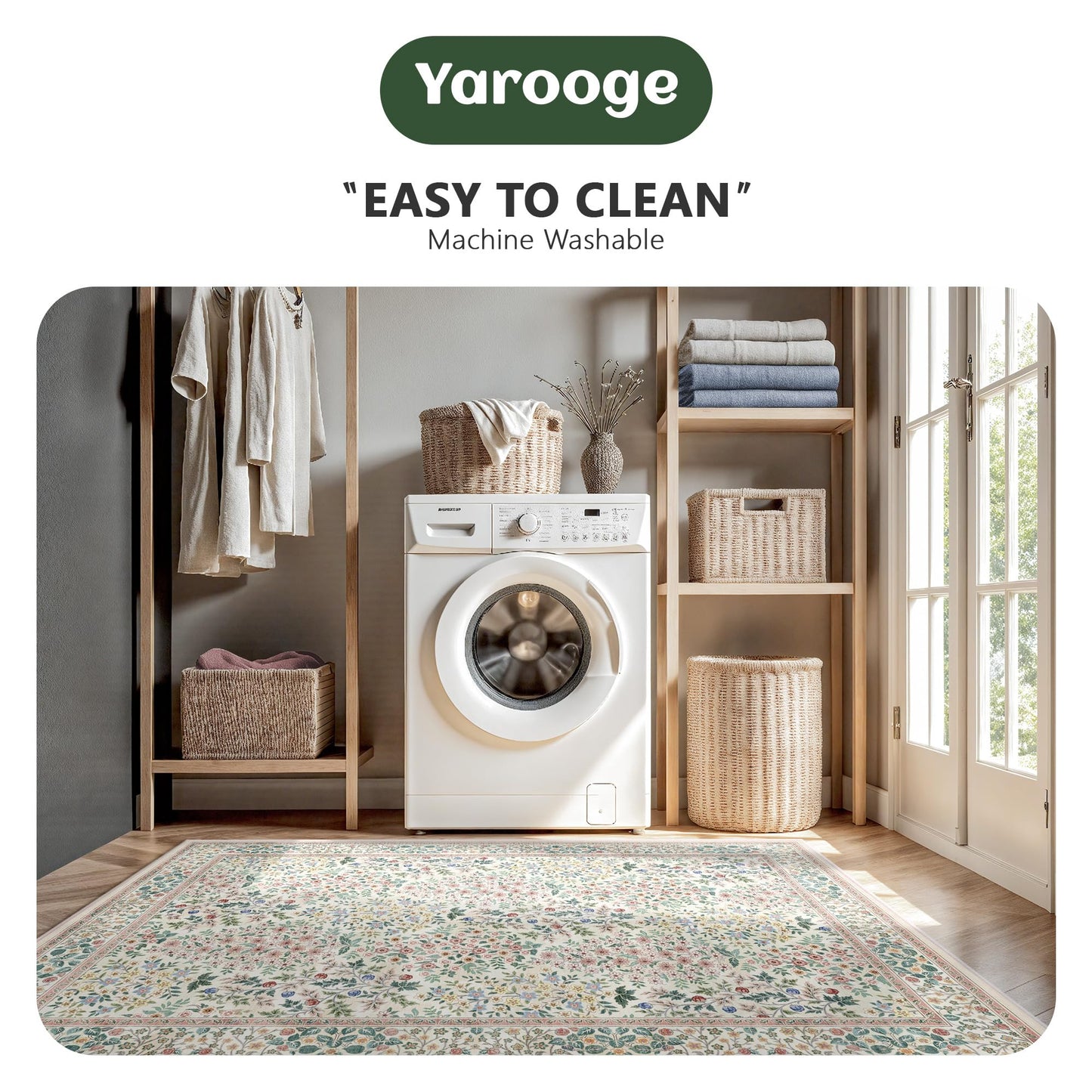Yarooge 6x6 Square Area Rugs, Machine Washable Low Pile Floral Rugs for Living Room, Bedroom, Large Boho Area Rug with Non-Slip Backing for Dining Room(Pink Floral)