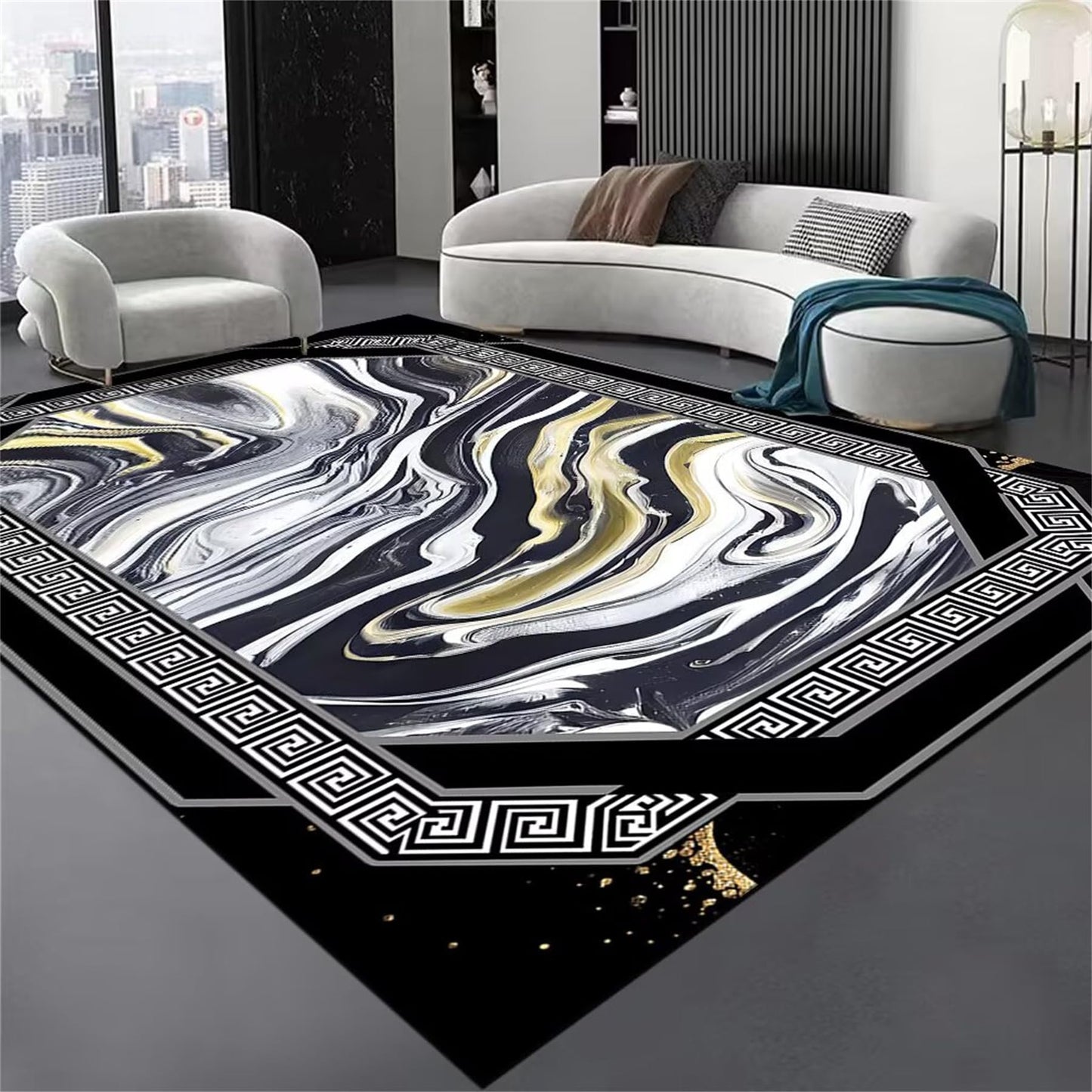 Black Gold Marble Abstract Area Rug 7x10ft, Modern Swirl Fluid Art Carpet with Greek Key Border, Luxury Non Slip Large Floor Rug for Living Room Bedroom Office Home Decor
