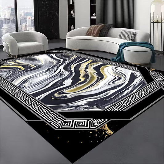 Black Gold Marble Abstract Area Rug 7x10ft, Modern Swirl Fluid Art Carpet with Greek Key Border, Luxury Non Slip Large Floor Rug for Living Room Bedroom Office Home Decor