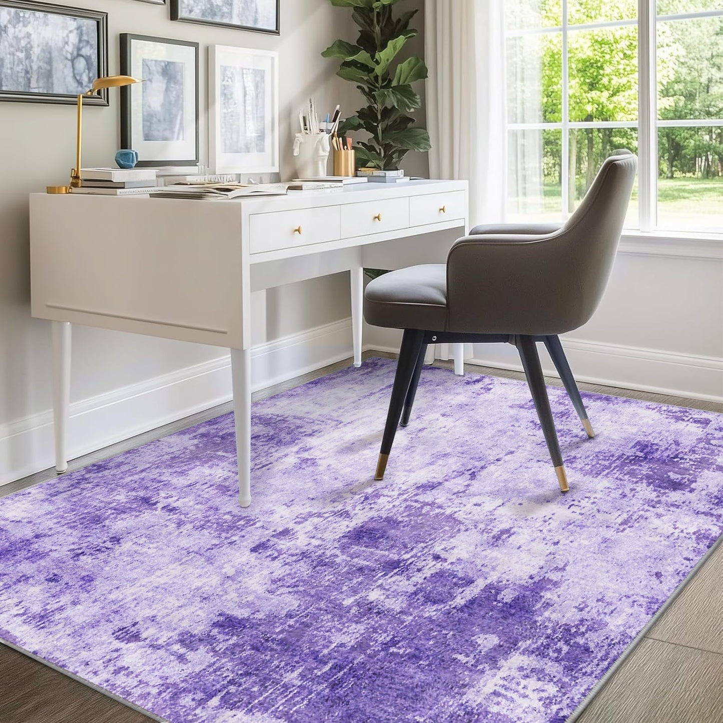 RELEANY Washable Area Rugs 5'x7' Non-Slip Modern Abstract Soft for Living Room Entryway Bedroom Kitchen, Print Pattern, Purple Gray Pink White