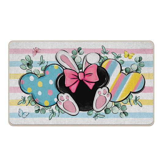Croar Easter Decorative Front Door Mat, Bunny Ears Eucalyptus Leaves Doormat Indoor Outdoor Non-Slip Floor Entryway Rug, Colorful Stripes Bow Home Kitchen Decoration 17x29 Inch