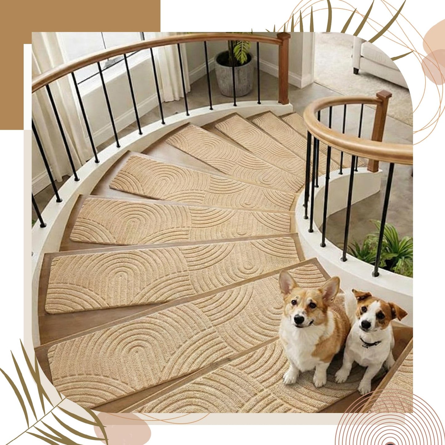 Dunzy 15 Pcs Boho Stair Treads for Wooden Steps Indoor 8" x 30" Non-Slip Carpet Stair Treads, Washable Adhesive Runner Rugs, 3D Peel and Stick, for Elders and Dogs, Pets, Khaki