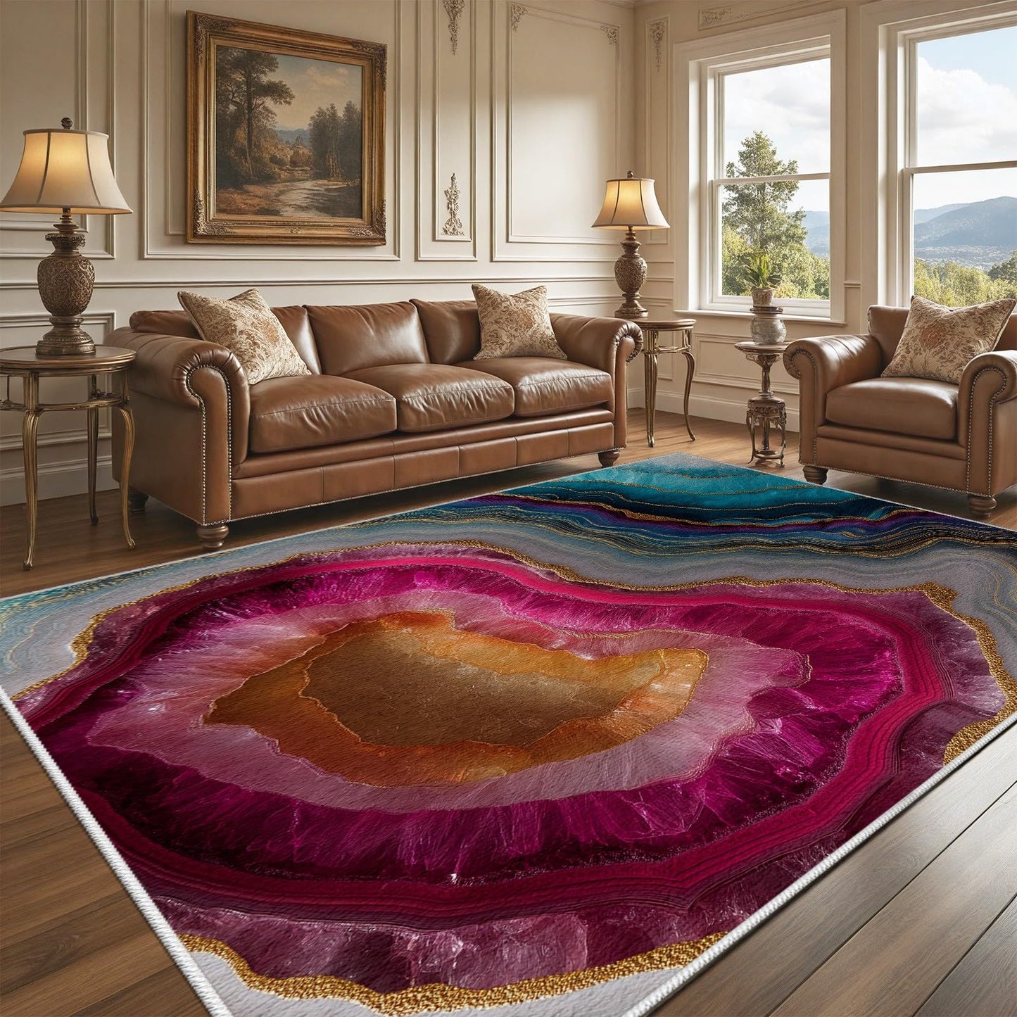 Abstract Agate Marble Area Rug, 3x4ft, Pink and Blue Geode Rug, Modern Luxury Gemstone Rugs, Low Pile Non-Slip Soft Washable Floor Mat Carpet for Living Room, Home Decor