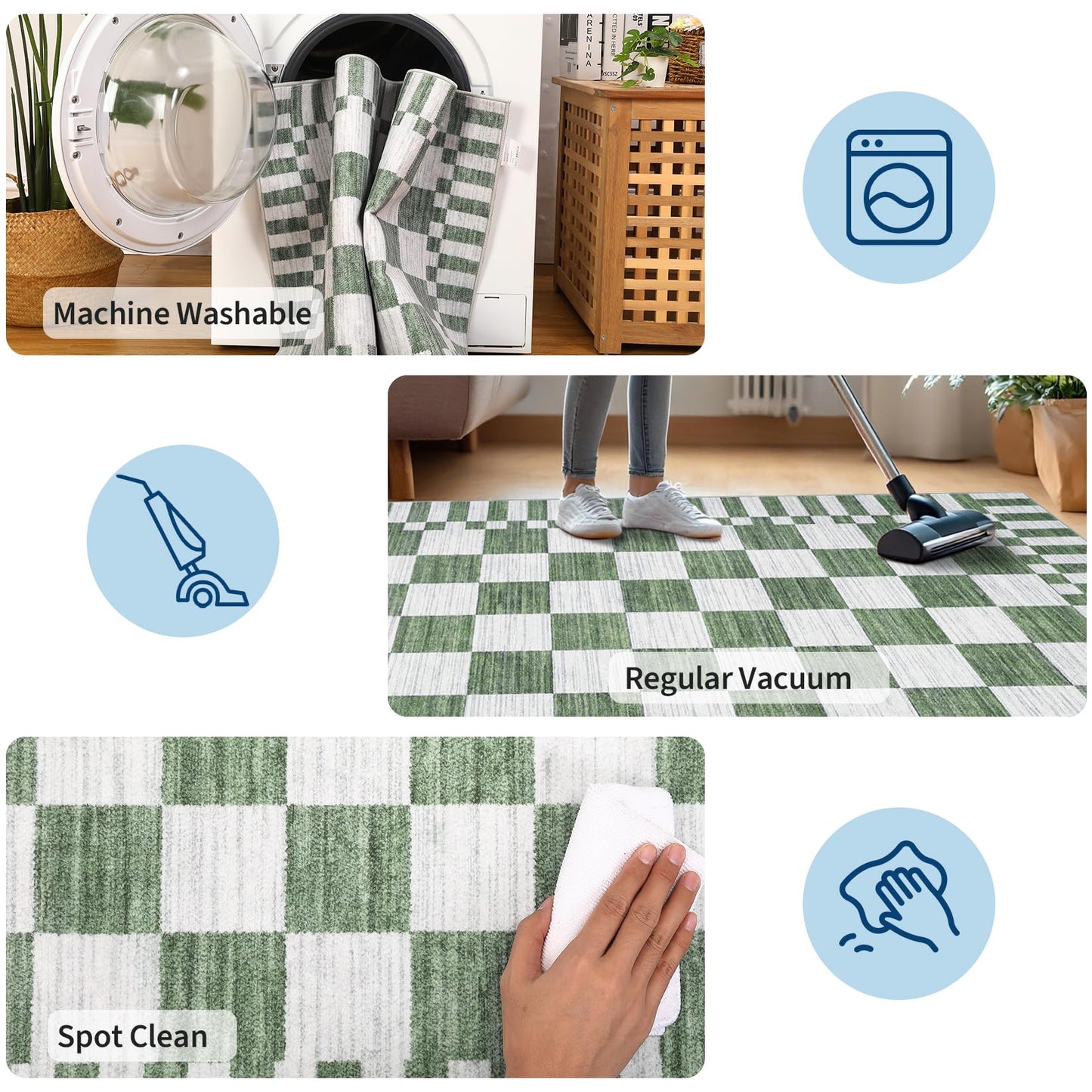 GarveeHome 8×10 Area Rugs for Living Room,Sage Green Checkered Rug, Non-Slip Washable Rugs 8x10,Soft Low-Pile Farmhouse Geometric Modern Rug for Bedroom Dining Room