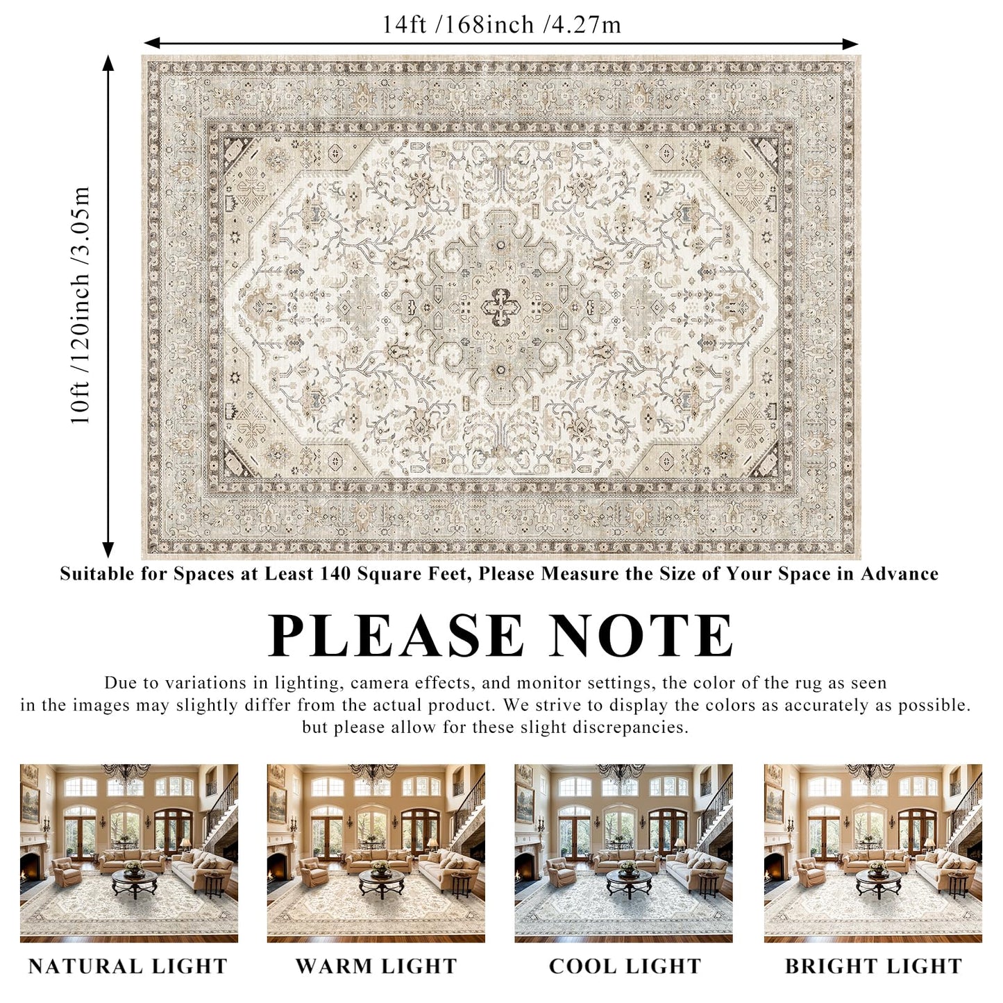 HILORUUG Living Room Area Rugs 10x14: Extra Large Area Rug Super Soft Distressed Oriental Rugs with Non-Slip Backing - Thin Stain Resistant Indoor Rug - 10x14 Ivory