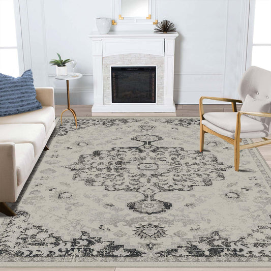 LOOMY 5x7 Washable Area Rug Gray Vintage Traditional Floor Cover Foldable Thin Kitchen Accent Indoor Distressed Non Slip Carpet Floral Print Mat Bedroom Living Room Bathroom