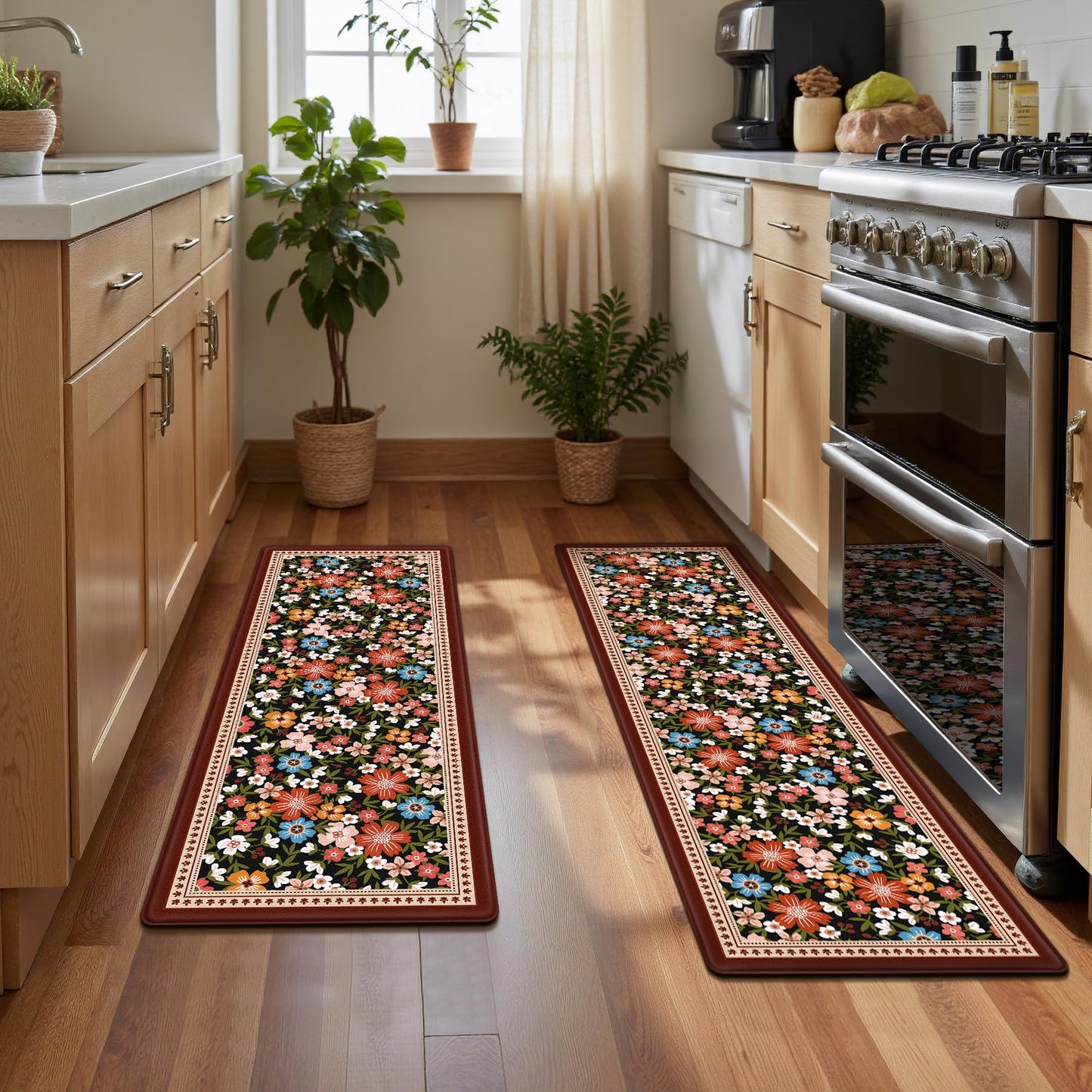 CHICNOOK Boho Vintage Floral Kitchen Rug Set of 3, Black Rustic Kitchen Mat
