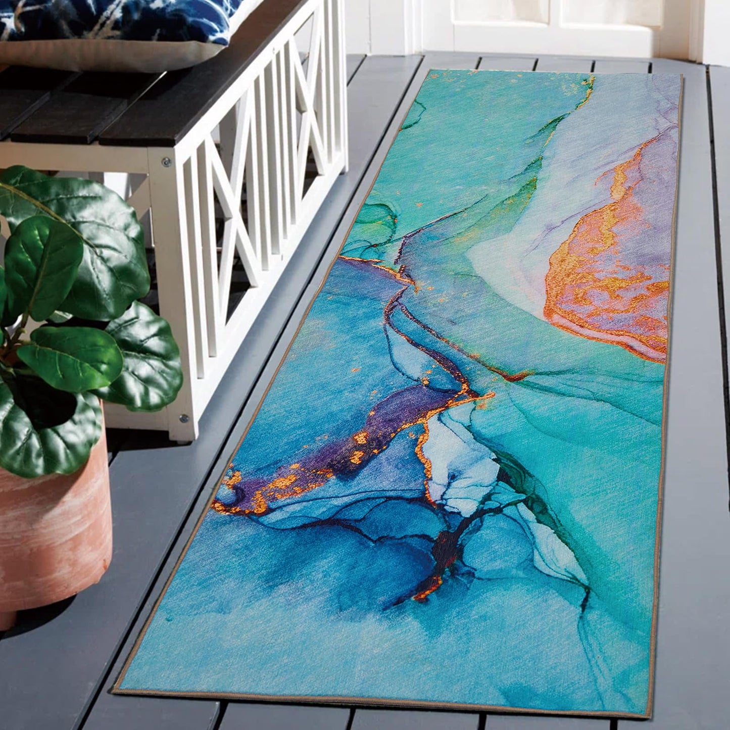 2.3' x 7.5' Washable Indoor Outdoor Teal Runner Rug for Hallway, Kitchen, Stain Resistant, Easy Clean, Modern Runner Rug for Indoor/Outdoor Patio, Deck, Kitchen, Hallway, Bathroom